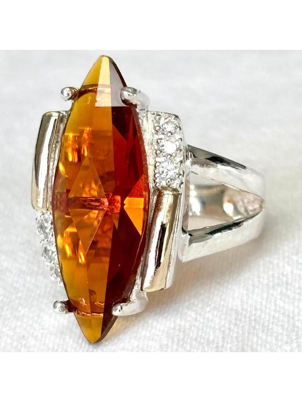 Amber Marquise Ring 925 Sterling Silver & 10K Gold-Laminat